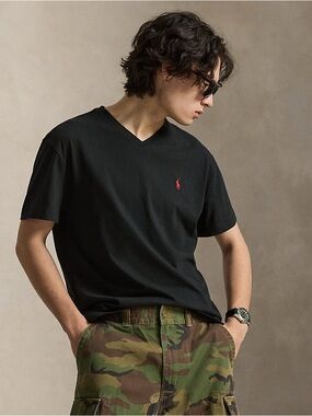 Polo Ralph Lauren Black V-Neck Tee with Red Pony Classic Fit